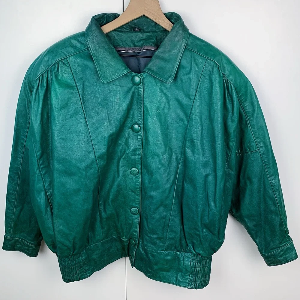 Vintage Leather Oversized Bomber Jacket Emerald Kelly Green Snap Shoulder Pads